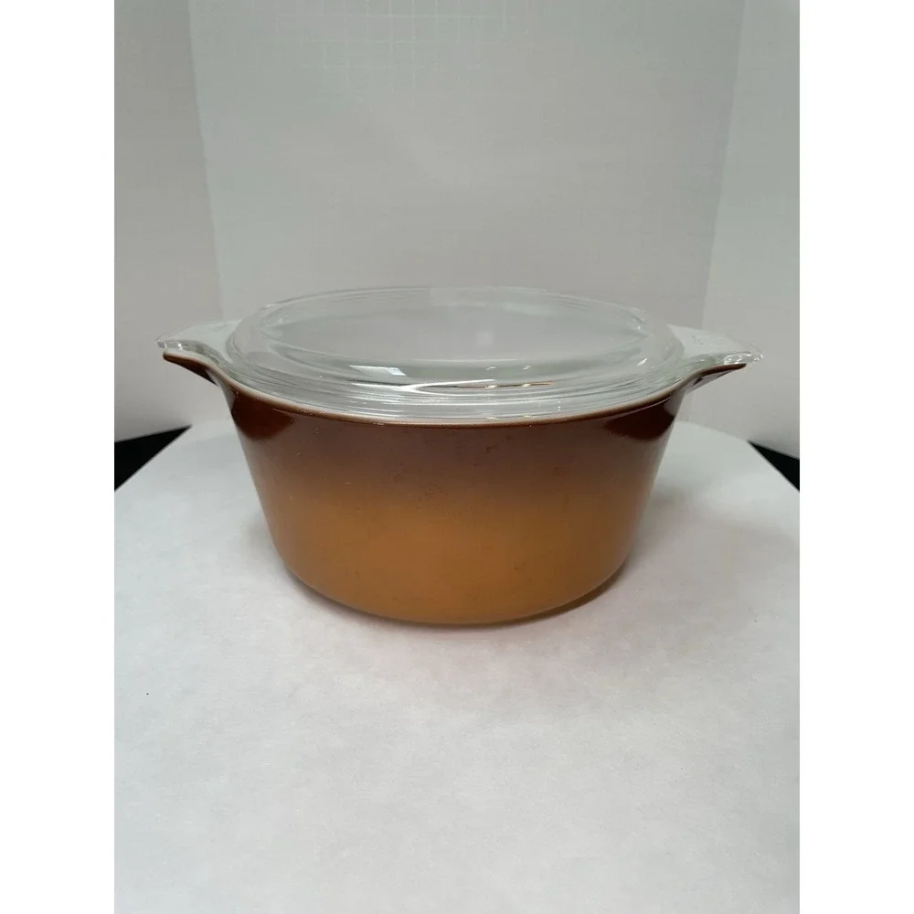 Vintage 1974 Pyrex 1.5 qt Casserole Dish with Lid Old Orchard Brown Butterscotch